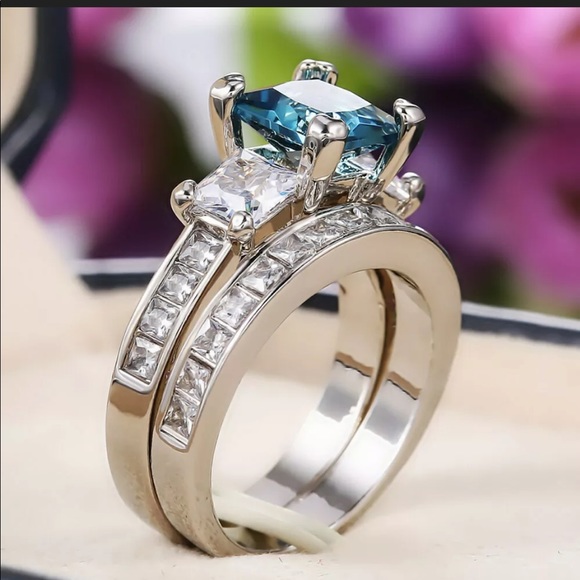 New Princess Cut Aquamarine  Set 925 Silver Ring - Picture 6 of 7